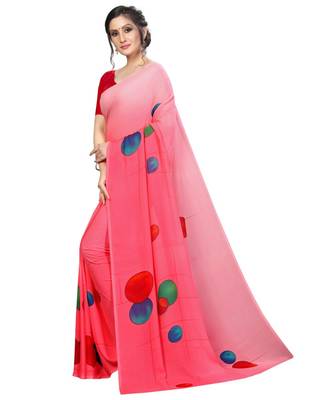Pink printed georgette saree with blouse 3