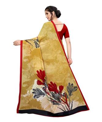 Yellow printed georgette saree with blouse 4