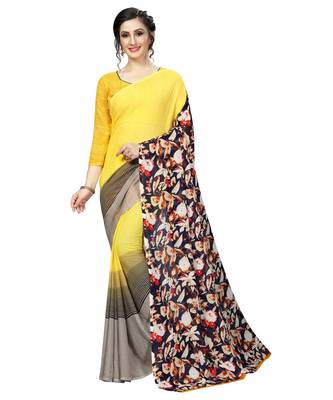 Yellow printed georgette saree with blouse 1