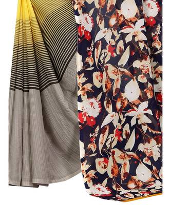 Yellow printed georgette saree with blouse 2