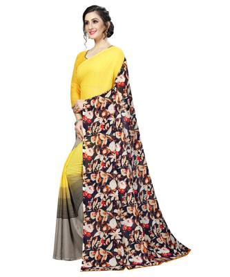 Yellow printed georgette saree with blouse 3