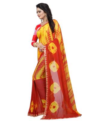 Yellow printed net saree with blouse 3