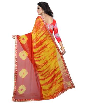 Yellow printed net saree with blouse 4