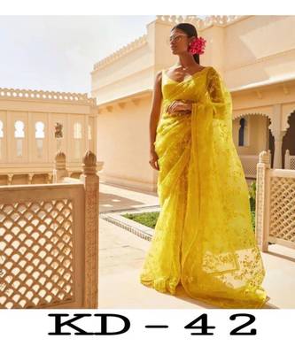 Yellow woven net saree with blouse 2