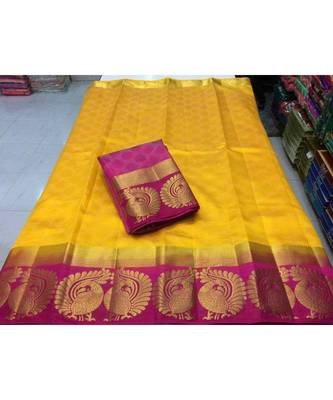 yellow woven silk blend saree with blouse 1