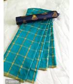 Blue woven silk blend saree with blouse
