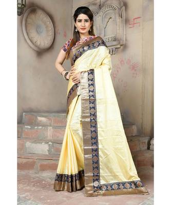 Cream woven silk blend saree with blouse 1