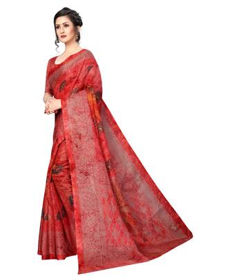 Red woven silk blend saree with blouse 3