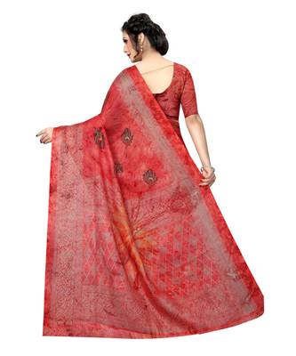 Red woven silk blend saree with blouse 4