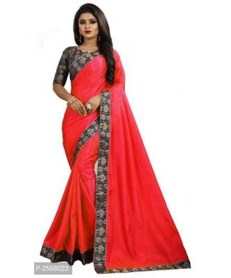 Red Plain silk blend saree with blouse 1