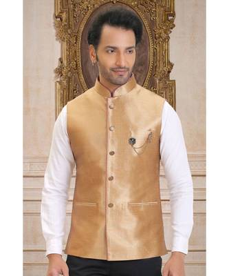 golden printed raw silk nehru jacket 1