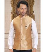 golden printed raw silk nehru jacket