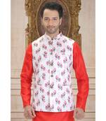 white printed polyester nehru jacket
