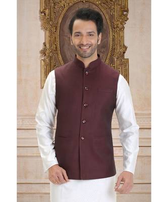 maroon woven polyester nehru jacket 1