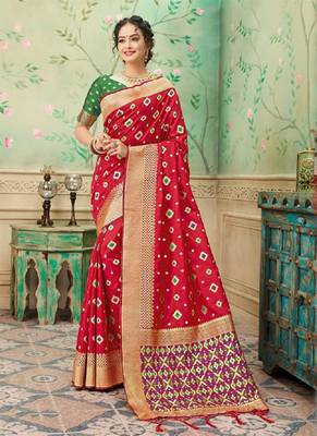 Red woven banarasi silk saree with blouse 1