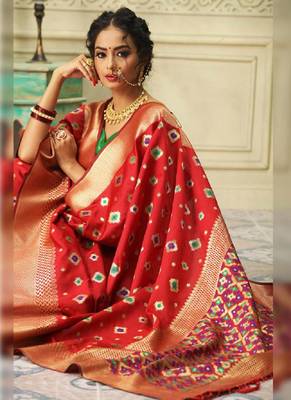 Red woven banarasi silk saree with blouse 2