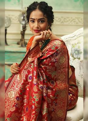 Red woven banarasi silk saree with blouse 2