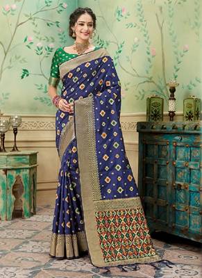   navy blue woven banarasi silk saree with blouse 1