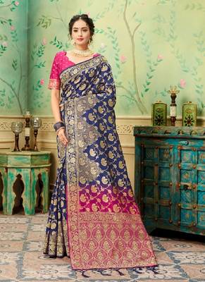   navy blue woven banarasi silk saree with blouse 1