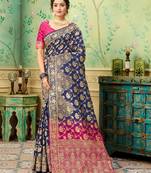   navy blue woven banarasi silk saree with blouse