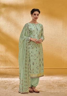 Light-parrot-green embroidered silk salwar 1