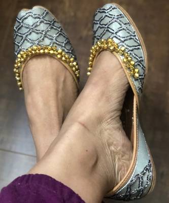 Silver Grey Sequinned Bridal Shoes, Grey Indian women Jutti, Silver Women Shoes 4
