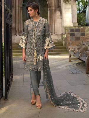 Grey Butterfly Net Pakistani Style Lawn Suit 1