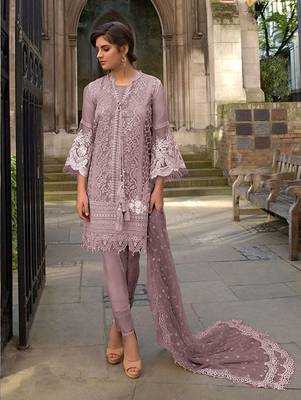 Light Pink Butterfly Net Pakistani Style Lawn Suit 1