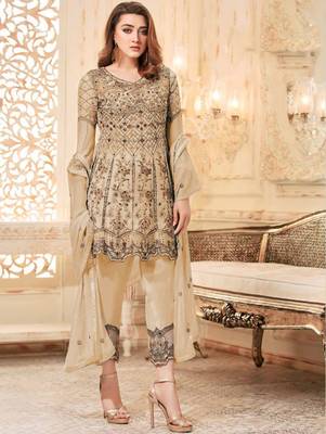 Light Brown Heavy Net Embroidery Frock Top Style Suit 1