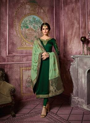green embroidered satin semi stitched salwar with dupatta 1