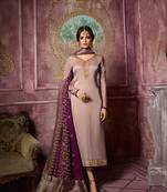 brown embroidered satin semi stitched salwar with dupatta