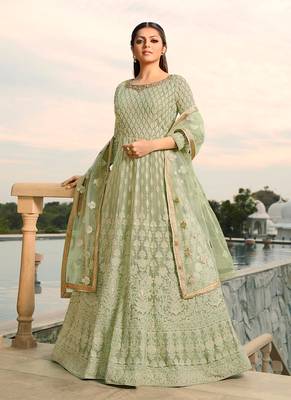 green embroidered georgette semi stitched salwar with dupatta 1