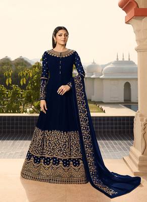blue embroidered georgette semi stitched salwar with dupatta 1
