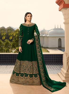 green embroidered georgette semi stitched salwar with dupatta 1