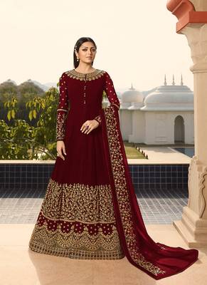 maroon embroidered georgette semi stitched salwar with dupatta 1