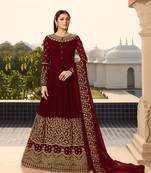 maroon embroidered georgette semi stitched salwar with dupatta