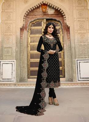 black embroidered georgette semi stitched salwar with dupatta 1