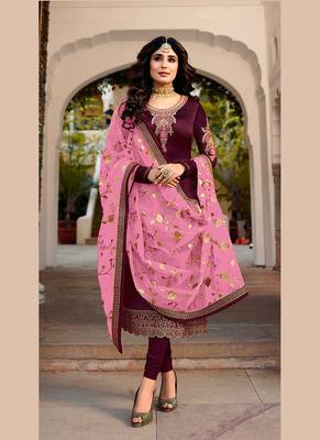 purple embroidered satin semi stitched salwar with dupatta 1