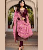 purple embroidered satin semi stitched salwar with dupatta