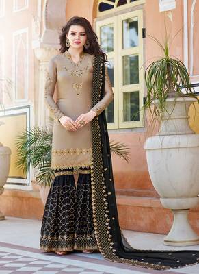 beige embroidered satin semi stitched salwar with dupatta 1