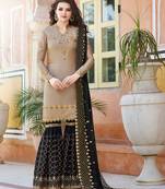 beige embroidered satin semi stitched salwar with dupatta