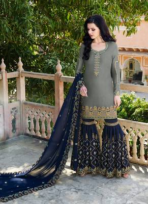 grey embroidered satin semi stitched salwar with dupatta 1