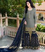 grey embroidered satin semi stitched salwar with dupatta