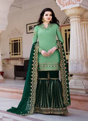 green embroidered satin semi stitched salwar with dupatta 1