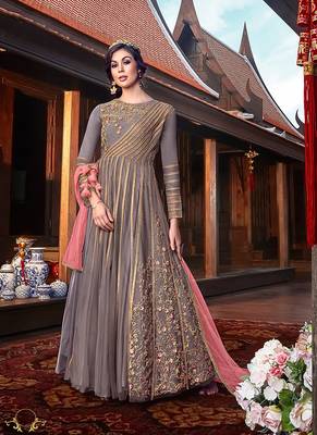 grey embroidered net semi stitched salwar with dupatta 1