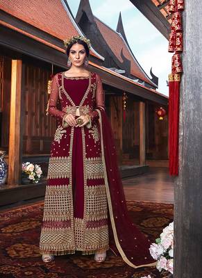 maroon embroidered net semi stitched salwar with dupatta 1