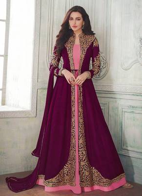 purple embroidered georgette semi stitched salwar with dupatta 1