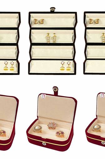 atorakushon   Velvet Combo Jewellery Box Ring Box Earrings Necklace Organiser for Women's Maroon pack of 6