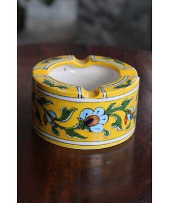 Blue Pottery Yellow Floral Ash Tray 1