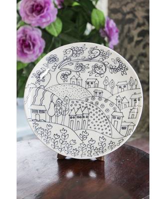 Blue pottery Whilte Village Plate 1